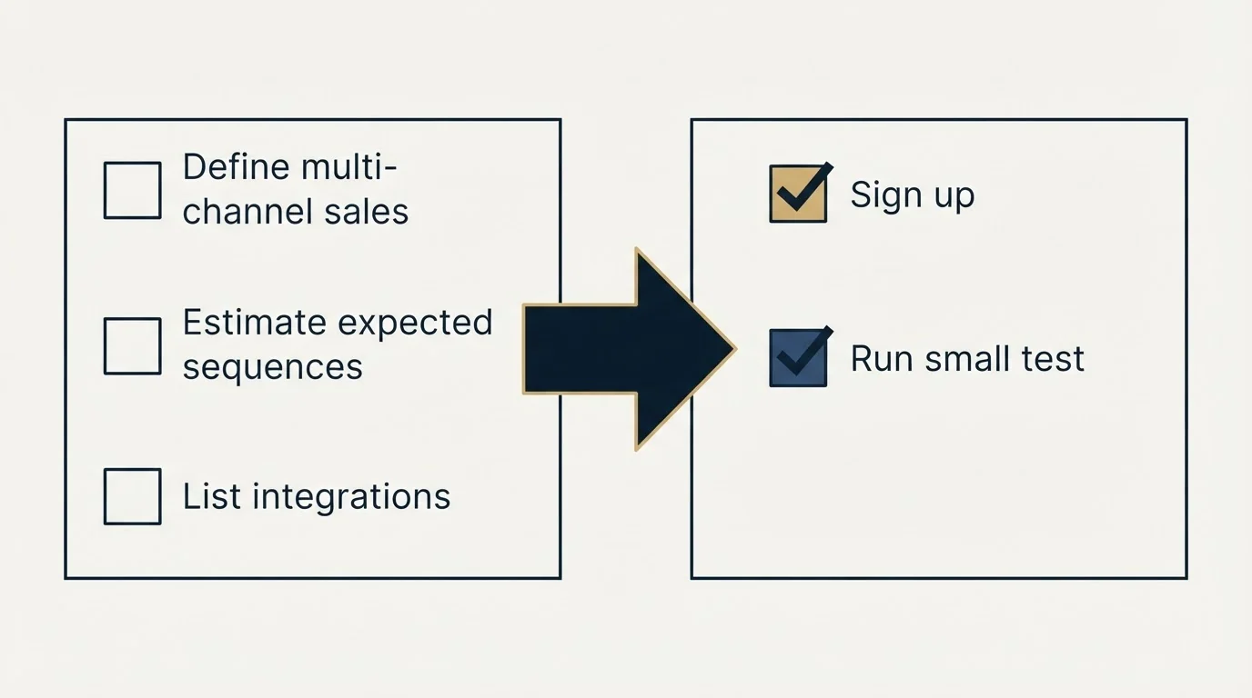 Before-and-after steps: Getting Started Checklist (Define multi-channel sales, Estimate expected sequences, List integrations, Sign up)