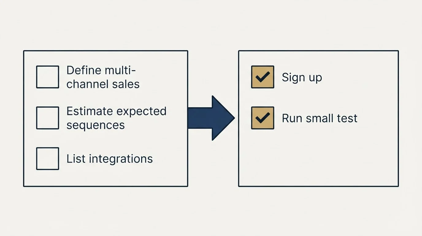 Before-and-after steps: Getting Started Checklist (Define multi-channel sales, Estimate expected sequences, List integrations, Sign up)
