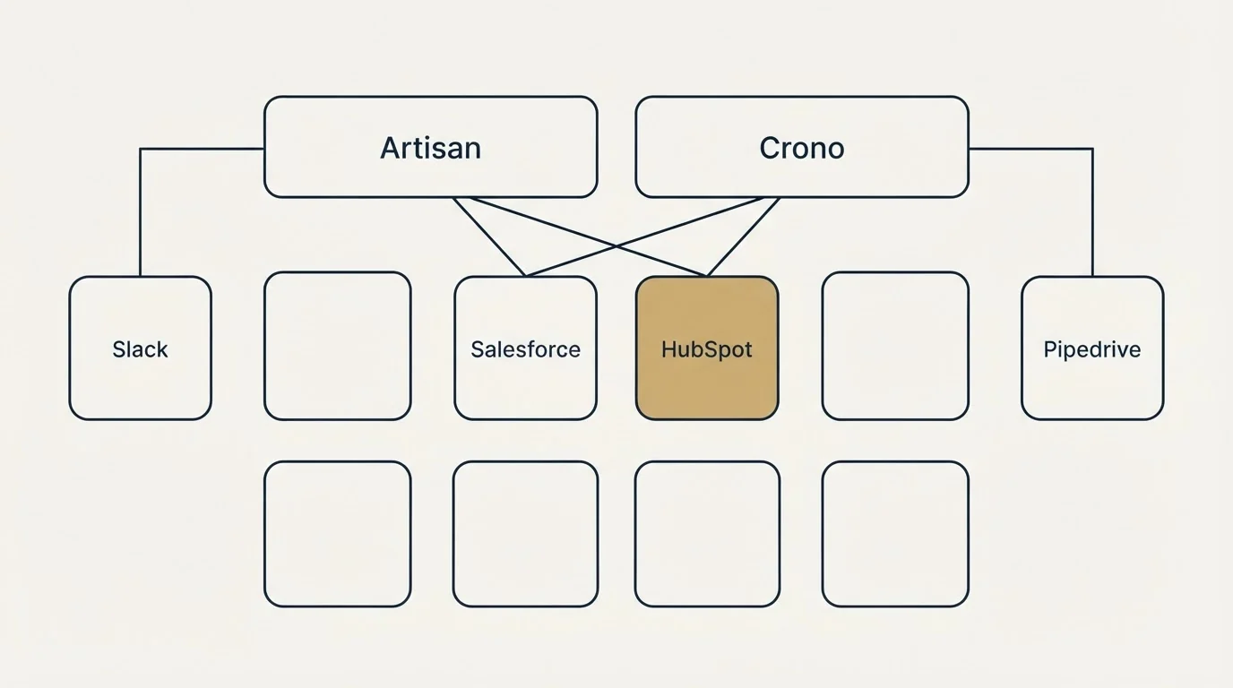 Integration grid: Integration Ecosystem (Artisan, Crono, Salesforce, HubSpot)