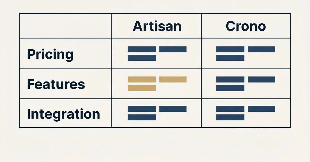 Comparison panel: Artisan vs Crono (Pricing, Features, Integration)
