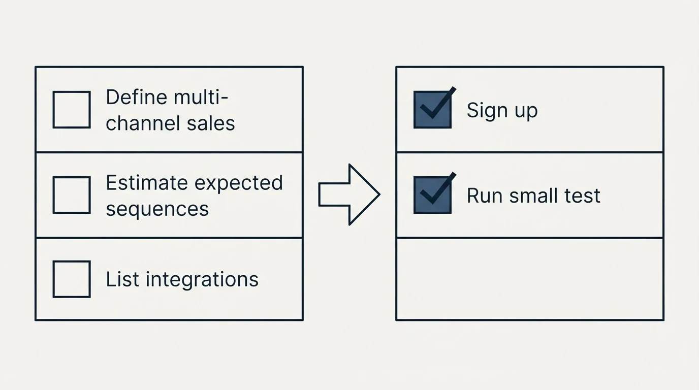 Before-and-after steps: Getting Started Checklist (Define multi-channel sales, Estimate expected sequences, List integrations, Sign up)