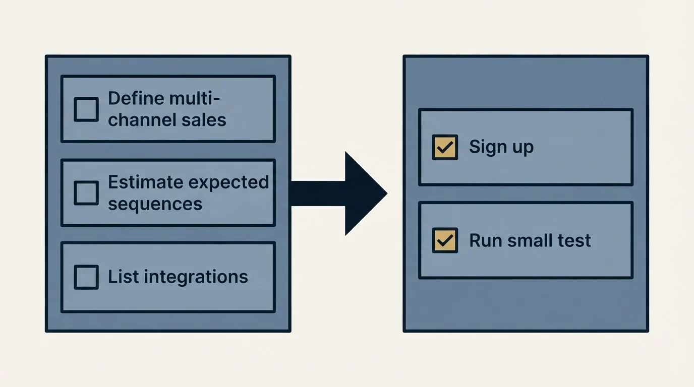 Before-and-after steps: Getting Started Checklist (Define multi-channel sales, Estimate expected sequences, List integrations, Sign up)