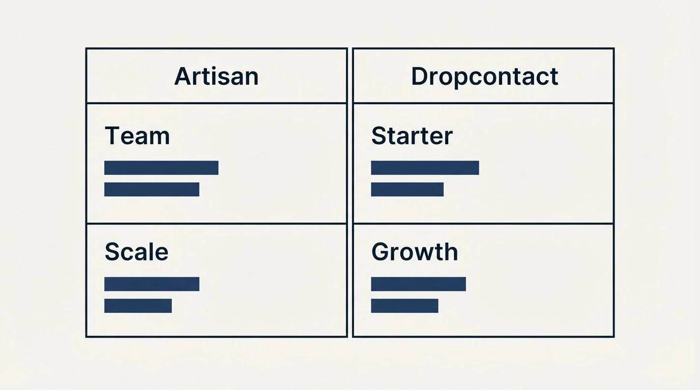 Pricing table: Pricing Comparison (Artisan, Dropcontact, Team, Starter)