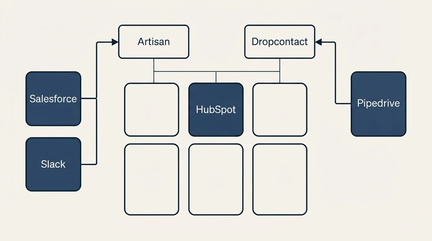 Integration grid: Integration Ecosystem (Artisan, Dropcontact, HubSpot, Salesforce)