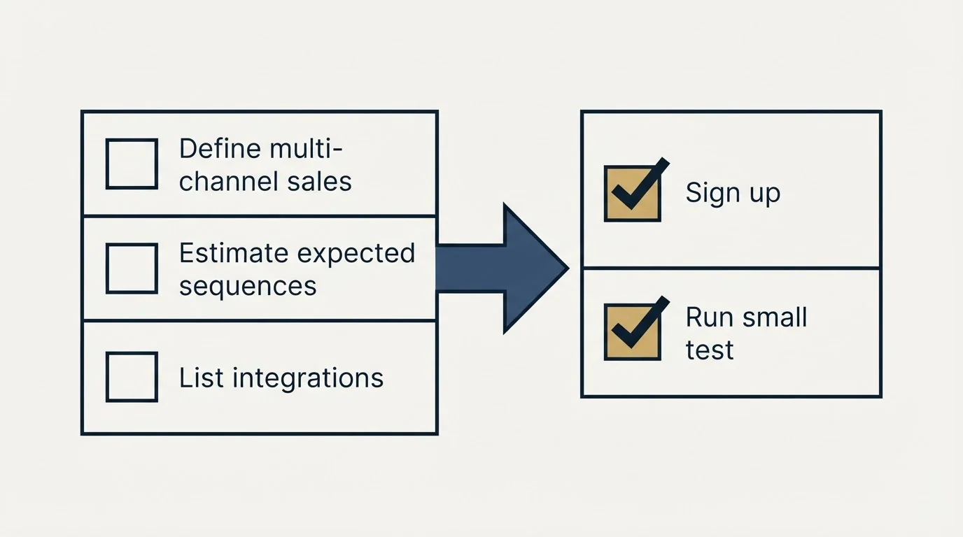 Before-and-after steps: Getting Started Checklist (Define multi-channel sales, Estimate expected sequences, List integrations, Sign up)