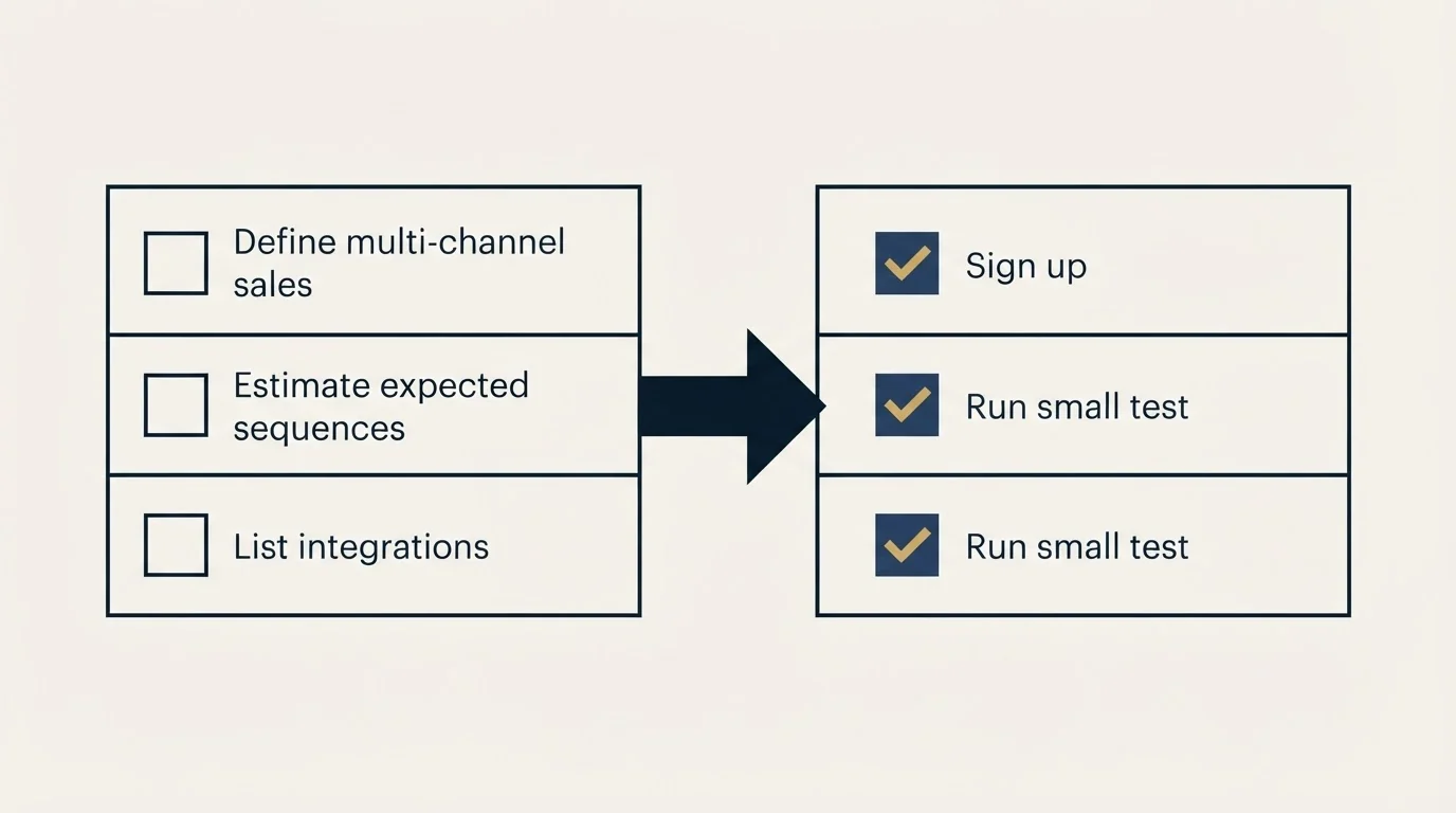 Before-and-after steps: Getting Started Checklist (Define multi-channel sales, Estimate expected sequences, List integrations, Sign up)
