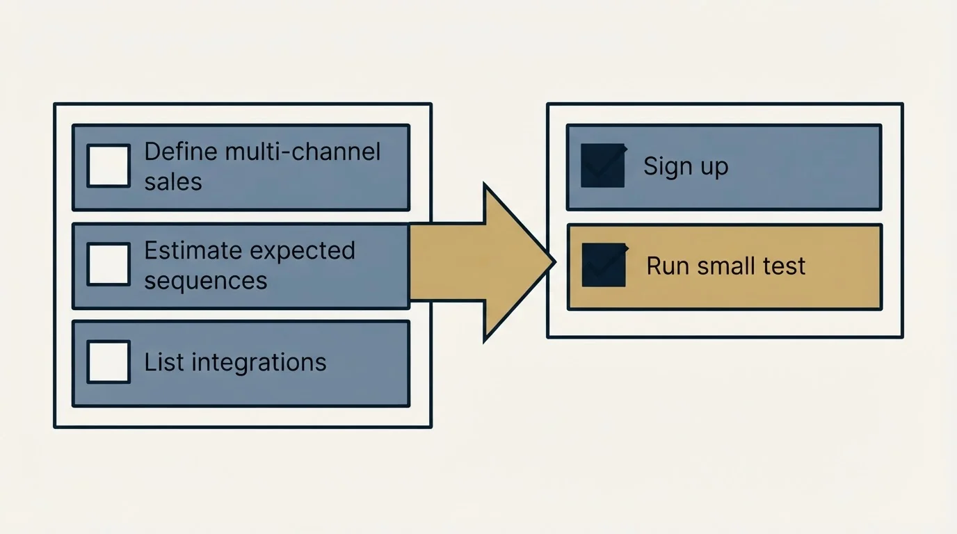 Before-and-after steps: Getting Started Checklist (Define multi-channel sales, Estimate expected sequences, List integrations, Sign up)
