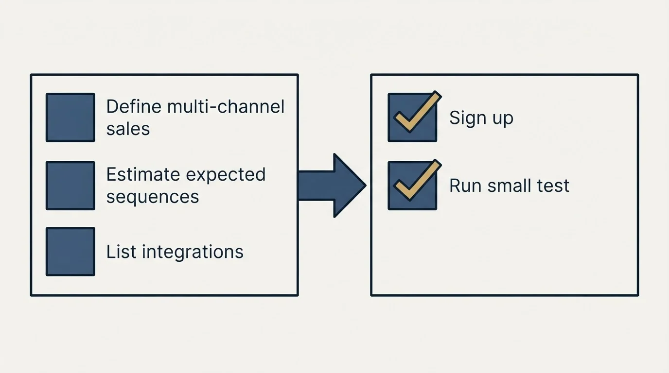 Before-and-after steps: Getting Started Checklist (Define multi-channel sales, Estimate expected sequences, List integrations, Sign up)