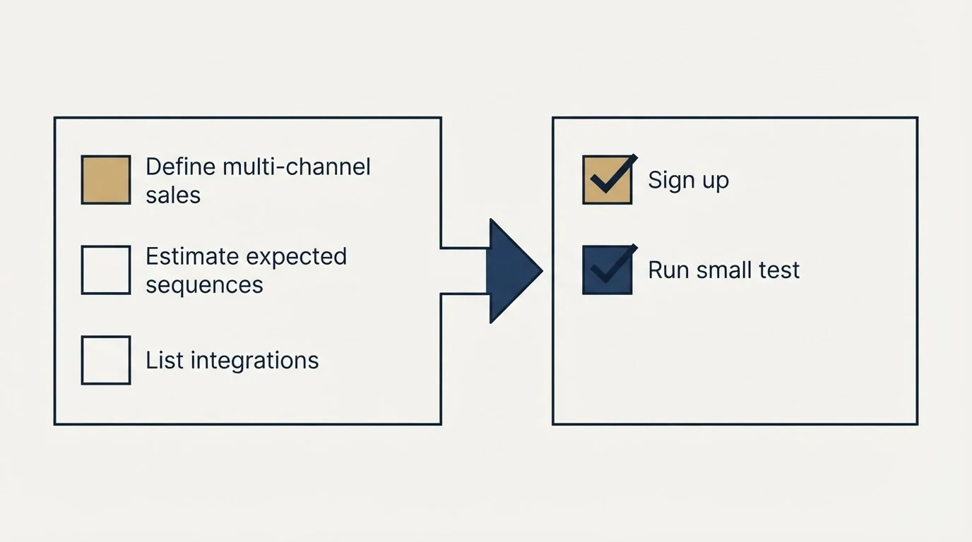 Before-and-after steps: Getting Started Checklist (Define multi-channel sales, Estimate expected sequences, List integrations, Sign up)
