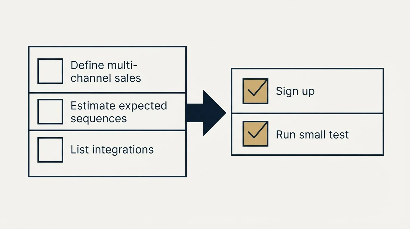 Before-and-after steps: Getting Started Checklist (Define multi-channel sales, Estimate expected sequences, List integrations, Sign up)