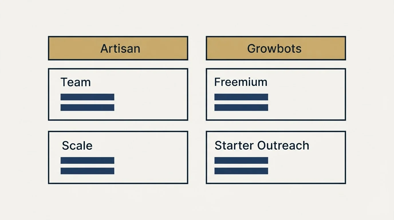 Pricing table: Pricing Comparison (Artisan, Growbots, Team, Freemium)