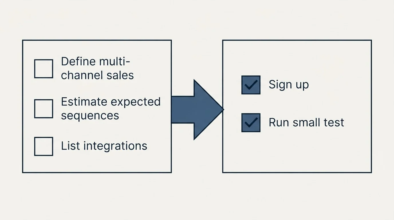Before-and-after steps: Getting Started Checklist (Define multi-channel sales, Estimate expected sequences, List integrations, Sign up)