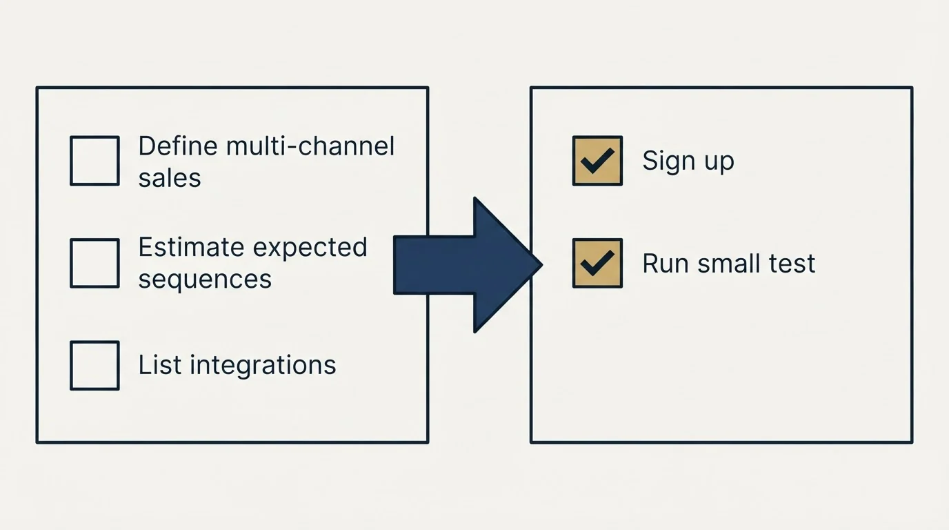 Before-and-after steps: Getting Started Checklist (Define multi-channel sales, Estimate expected sequences, List integrations, Sign up)
