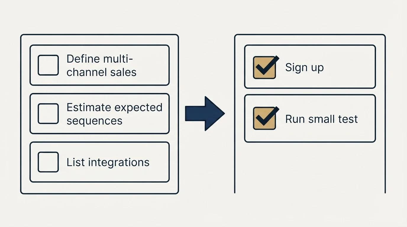 Before-and-after steps: Getting Started Checklist (Define multi-channel sales, Estimate expected sequences, List integrations, Sign up)