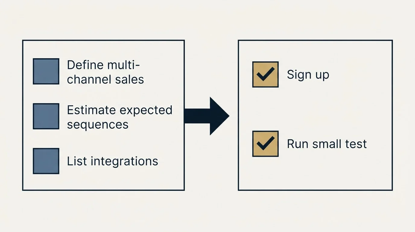 Before-and-after steps: Getting Started Checklist (Define multi-channel sales, Estimate expected sequences, List integrations, Sign up)
