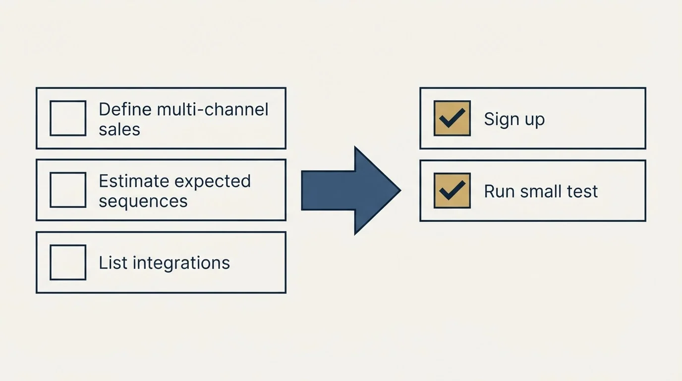 Before-and-after steps: Getting Started Checklist (Define multi-channel sales, Estimate expected sequences, List integrations, Sign up)