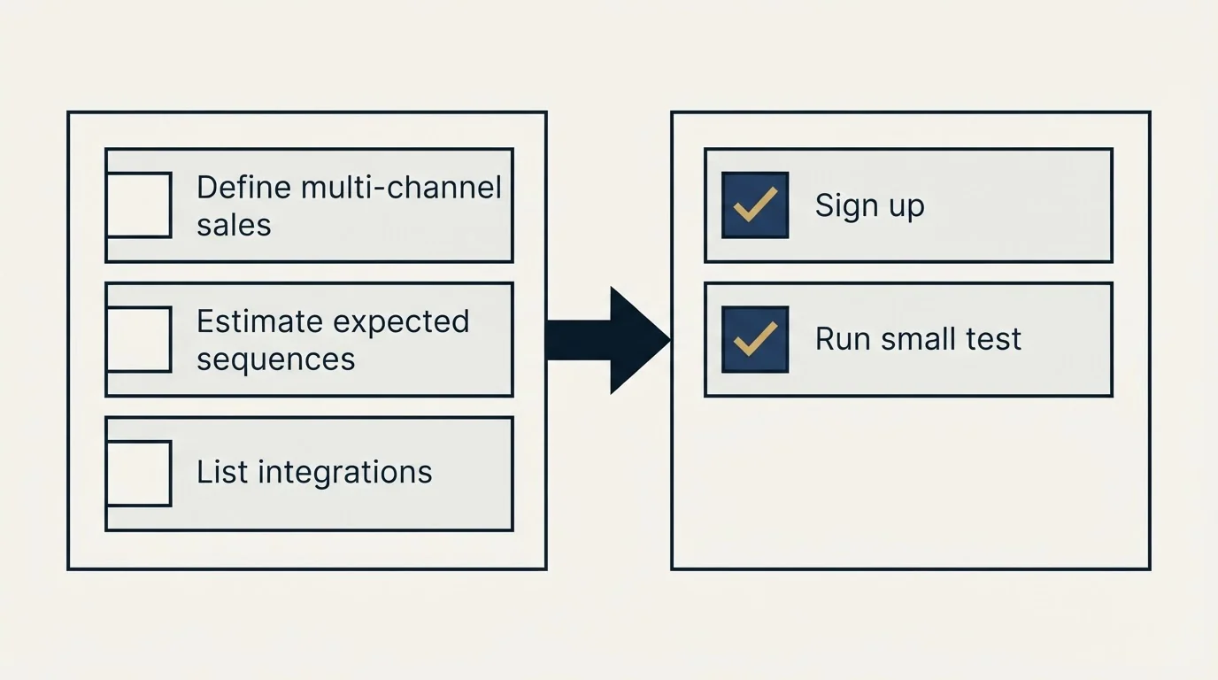 Before-and-after steps: Getting Started Checklist (Define multi-channel sales, Estimate expected sequences, List integrations, Sign up)