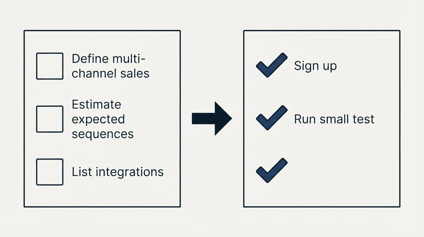 Before-and-after steps: Getting Started Checklist (Define multi-channel sales, Estimate expected sequences, List integrations, Sign up)