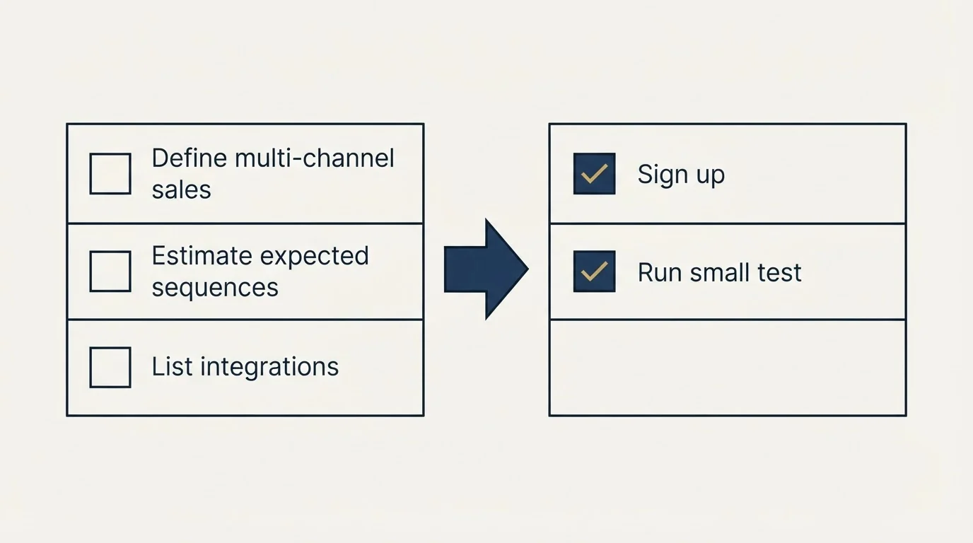 Before-and-after steps: Getting Started Checklist (Define multi-channel sales, Estimate expected sequences, List integrations, Sign up)