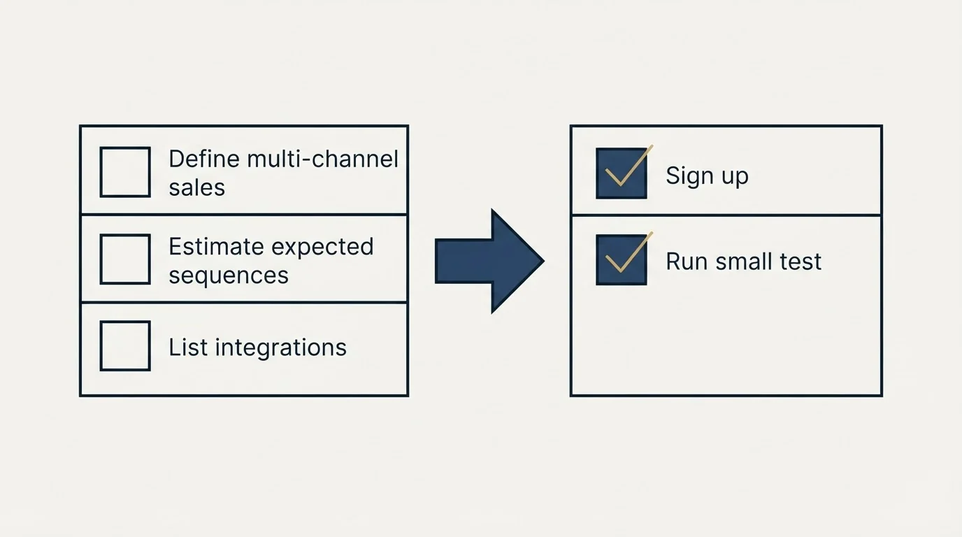 Before-and-after steps: Getting Started Checklist (Define multi-channel sales, Estimate expected sequences, List integrations, Sign up)