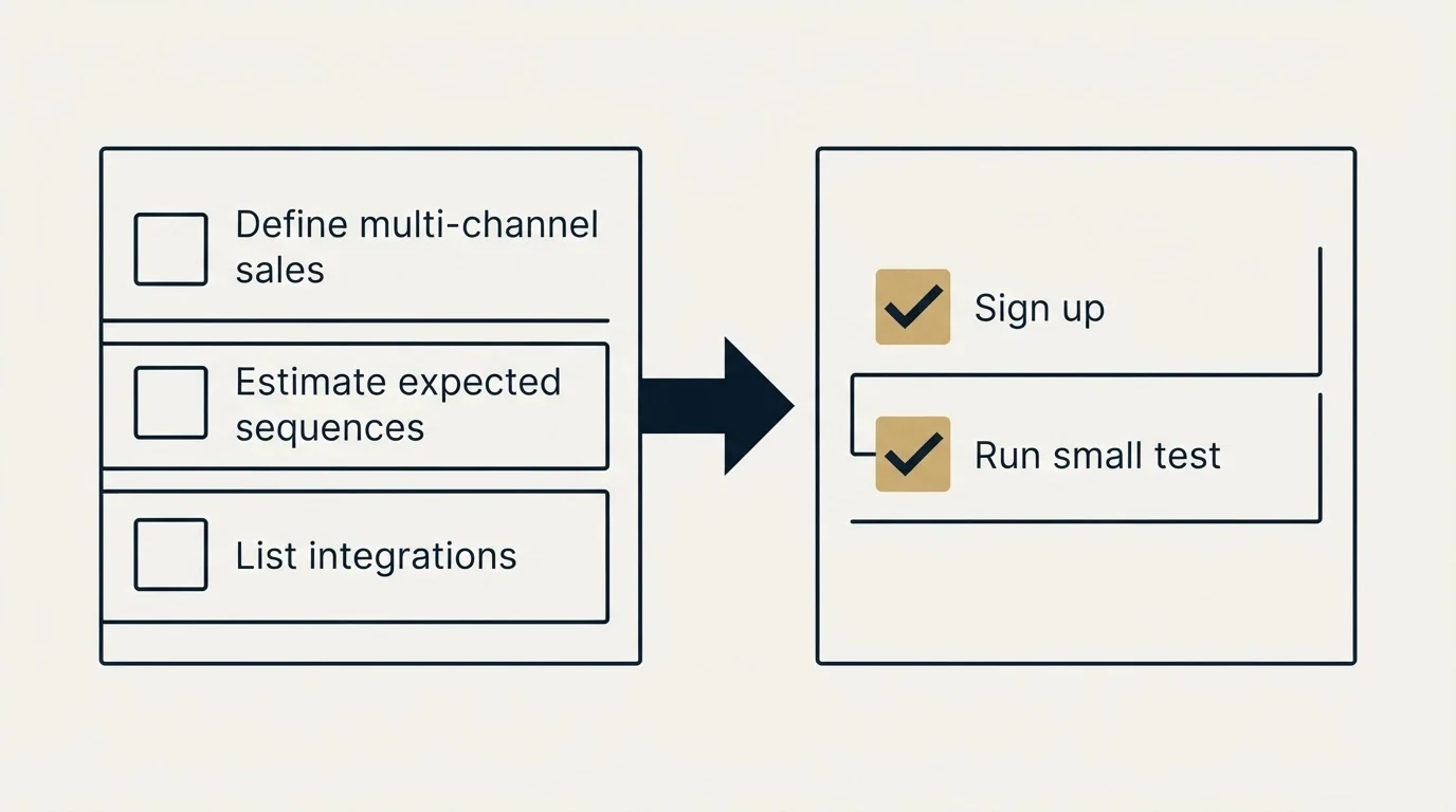 Before-and-after steps: Getting Started Checklist (Define multi-channel sales, Estimate expected sequences, List integrations, Sign up)
