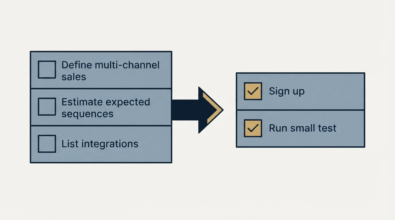 Before-and-after steps: Getting Started Checklist (Define multi-channel sales, Estimate expected sequences, List integrations, Sign up)