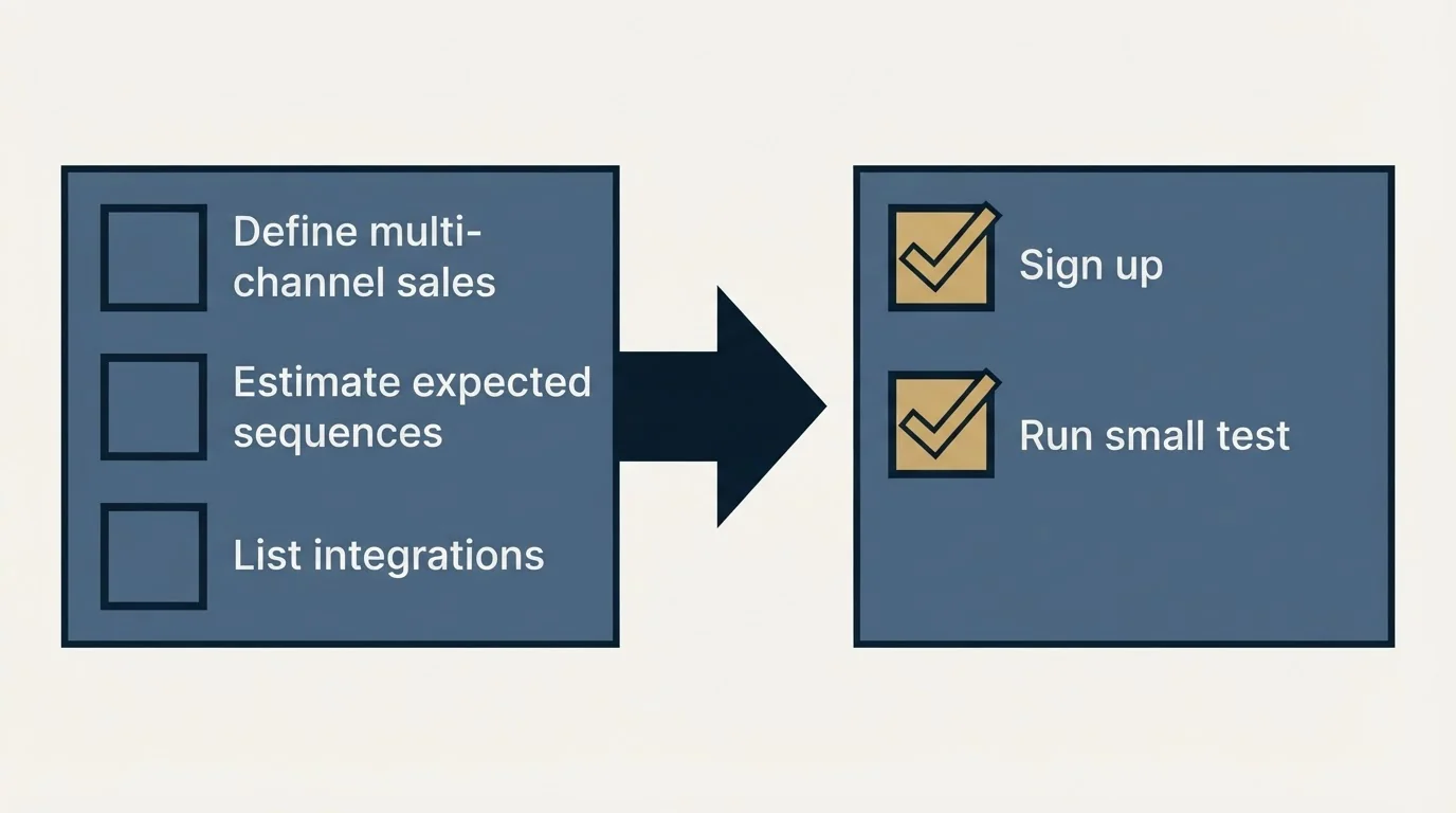 Before-and-after steps: Getting Started Checklist (Define multi-channel sales, Estimate expected sequences, List integrations, Sign up)