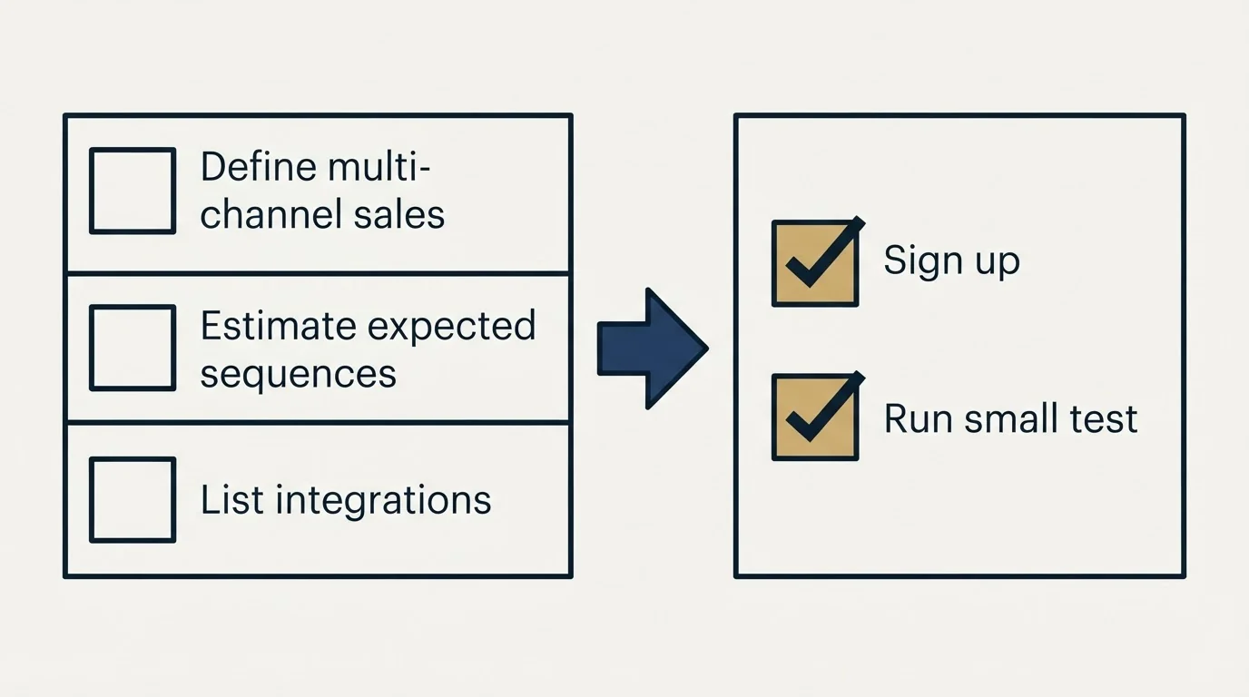 Before-and-after steps: Getting Started Checklist (Define multi-channel sales, Estimate expected sequences, List integrations, Sign up)