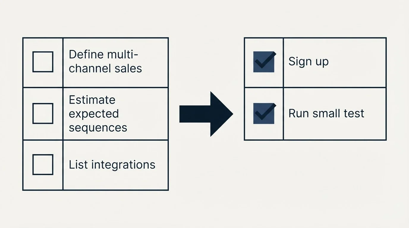Before-and-after steps: Getting Started Checklist (Define multi-channel sales, Estimate expected sequences, List integrations, Sign up)