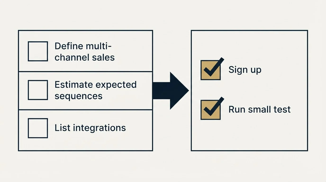 Before-and-after steps: Getting Started Checklist (Define multi-channel sales, Estimate expected sequences, List integrations, Sign up)