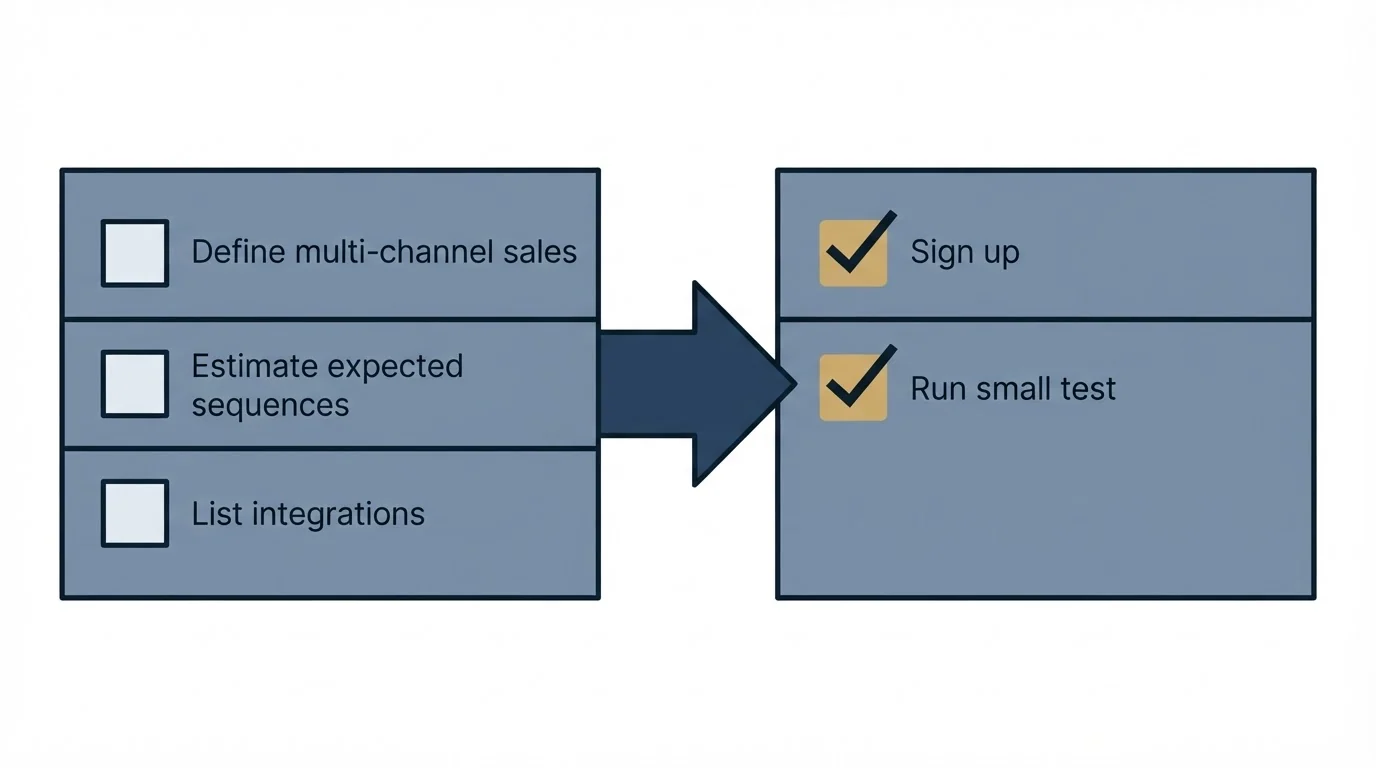 Before-and-after steps: Getting Started Checklist (Define multi-channel sales, Estimate expected sequences, List integrations, Sign up)