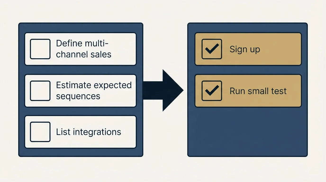 Before-and-after steps: Getting Started Checklist (Define multi-channel sales, Estimate expected sequences, List integrations, Sign up)