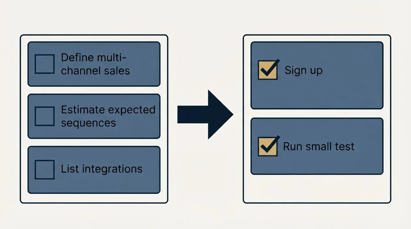 Before-and-after steps: Getting Started Checklist (Define multi-channel sales, Estimate expected sequences, List integrations, Sign up)