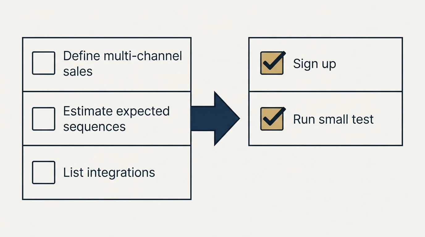 Before-and-after steps: Getting Started Checklist (Define multi-channel sales, Estimate expected sequences, List integrations, Sign up)