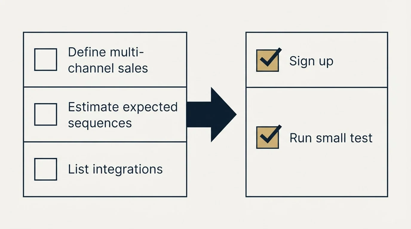Before-and-after steps: Getting Started Checklist (Define multi-channel sales, Estimate expected sequences, List integrations, Sign up)