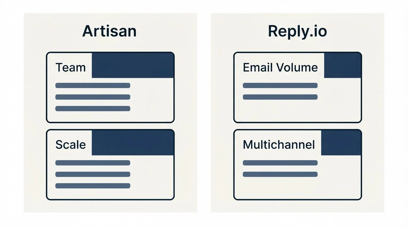 Pricing panels: Pricing Comparison (Artisan, Reply.io, Team, Email Volume)