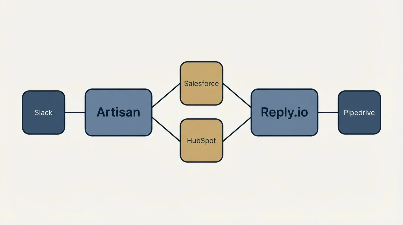 Integration schematic: Integration Ecosystem (Artisan, Reply.io, Salesforce, HubSpot)