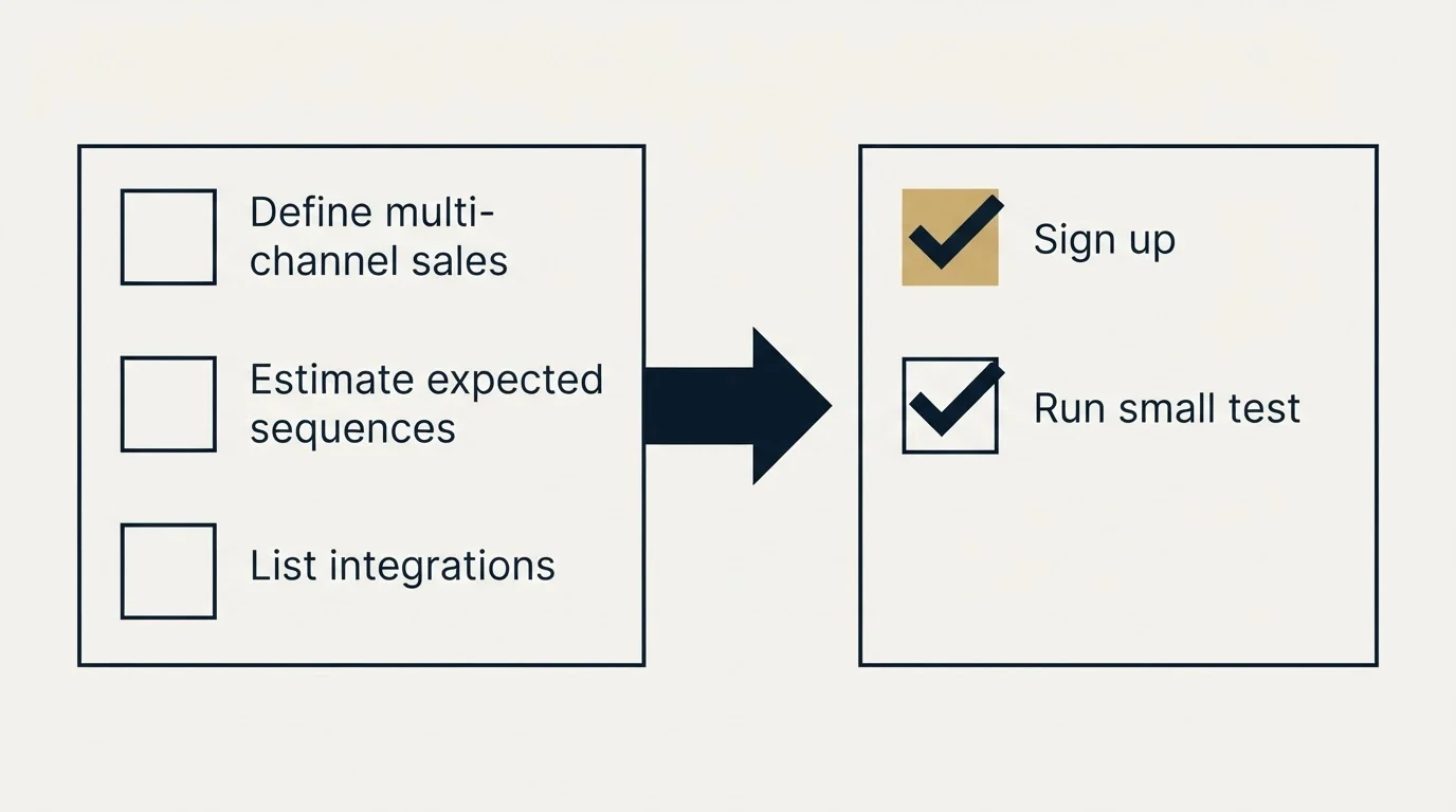 Before-and-after steps: Getting Started Checklist (Define multi-channel sales, Estimate expected sequences, List integrations, Sign up)