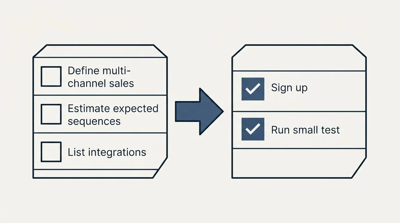 Before-and-after steps: Getting Started Checklist (Define multi-channel sales, Estimate expected sequences, List integrations, Sign up)