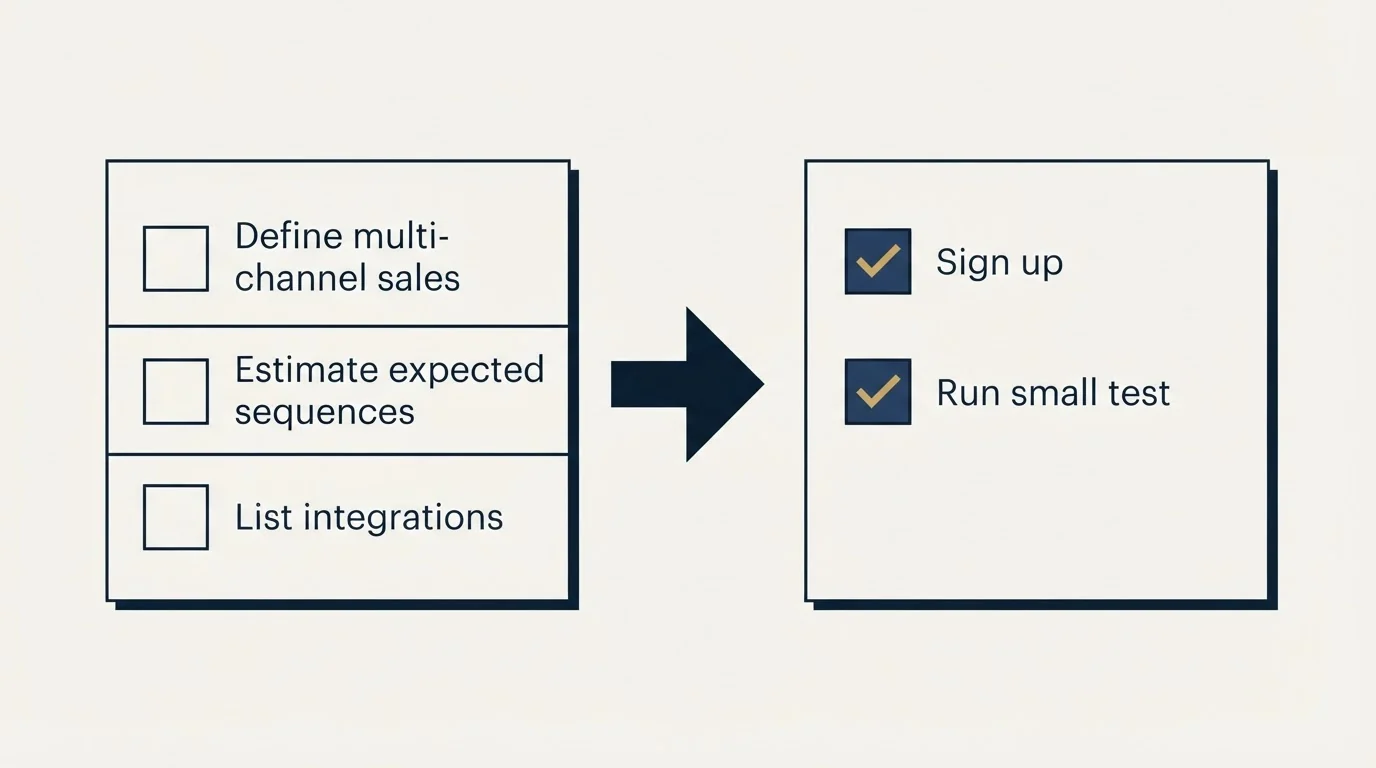 Before-and-after steps: Getting Started Checklist (Define multi-channel sales, Estimate expected sequences, List integrations, Sign up)