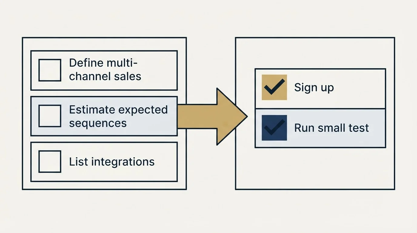 Before-and-after steps: Getting Started Checklist (Define multi-channel sales, Estimate expected sequences, List integrations, Sign up)