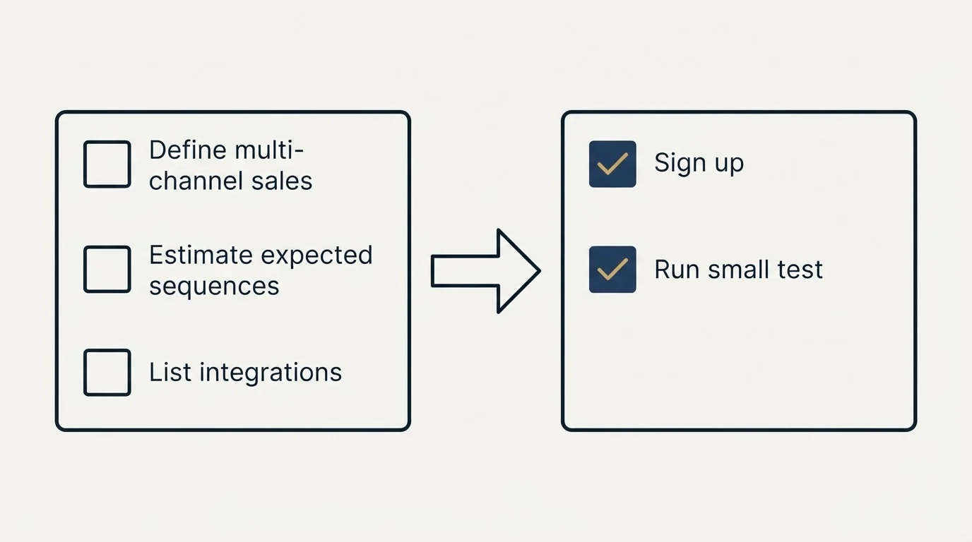 Before-and-after steps: Getting Started Checklist (Define multi-channel sales, Estimate expected sequences, List integrations, Sign up)