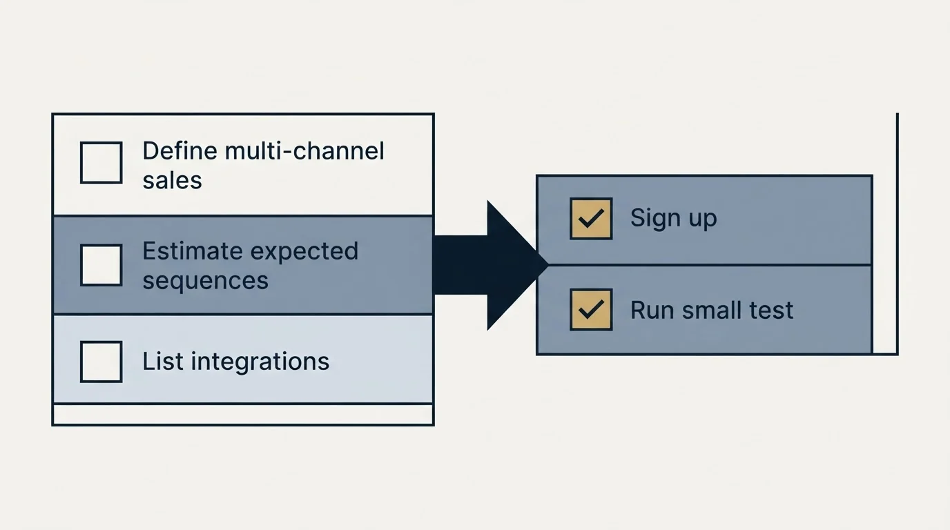 Before-and-after steps: Getting Started Checklist (Define multi-channel sales, Estimate expected sequences, List integrations, Sign up)