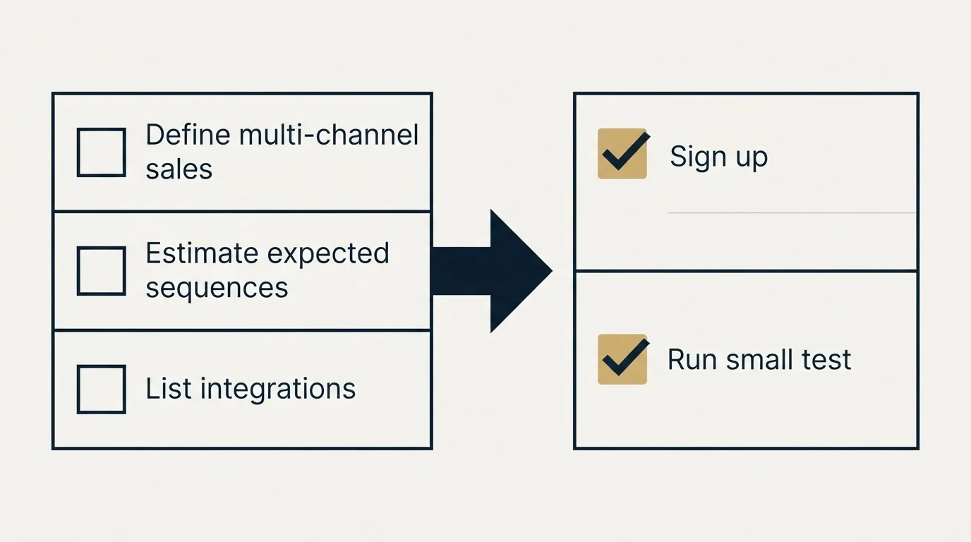Before-and-after steps: Getting Started Checklist (Define multi-channel sales, Estimate expected sequences, List integrations, Sign up)