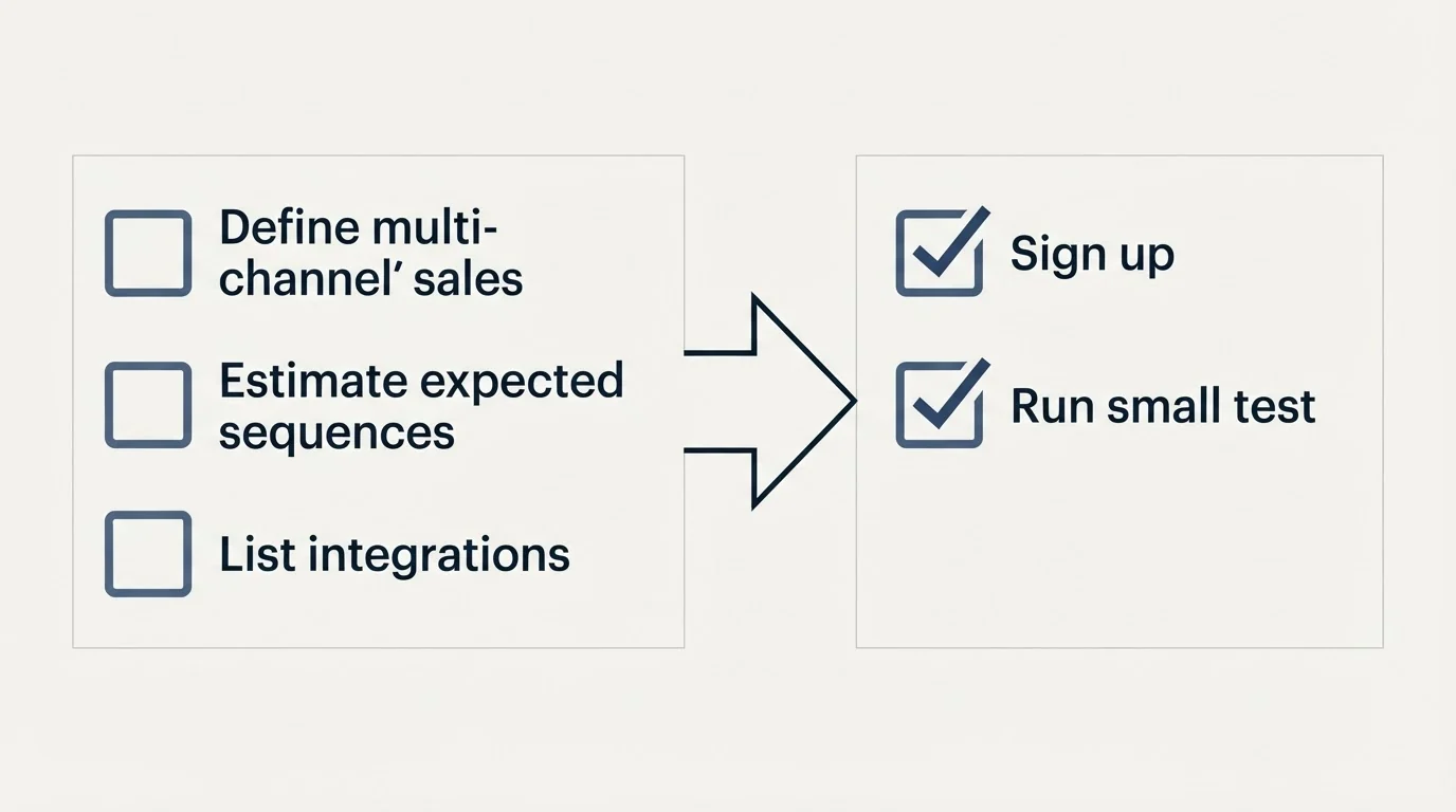 Before-and-after steps: Getting Started Checklist (Define multi-channel sales, Estimate expected sequences, List integrations, Sign up)