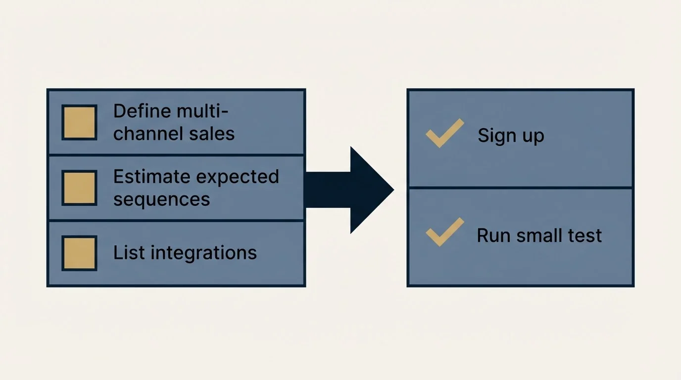 Before-and-after steps: Getting Started Checklist (Define multi-channel sales, Estimate expected sequences, List integrations, Sign up)