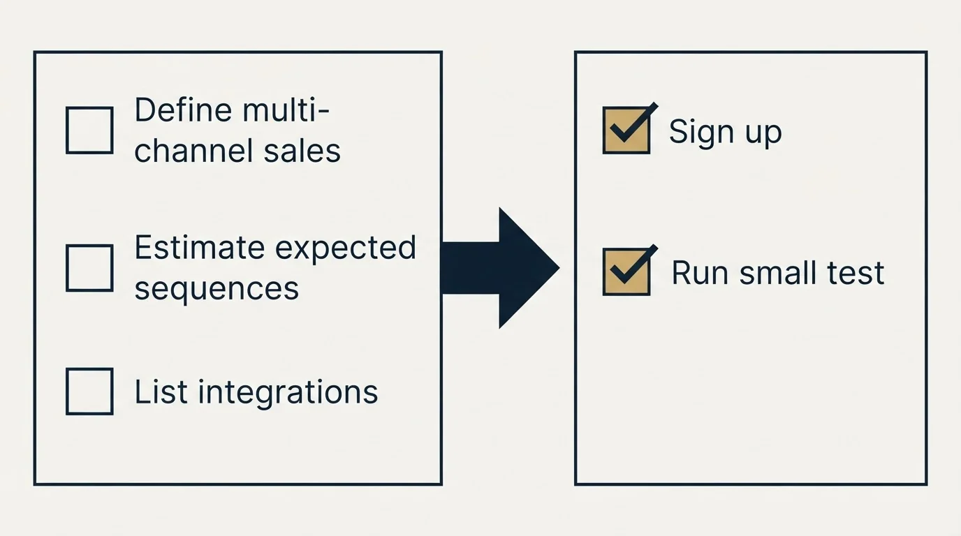 Before-and-after steps: Getting Started Checklist (Define multi-channel sales, Estimate expected sequences, List integrations, Sign up)