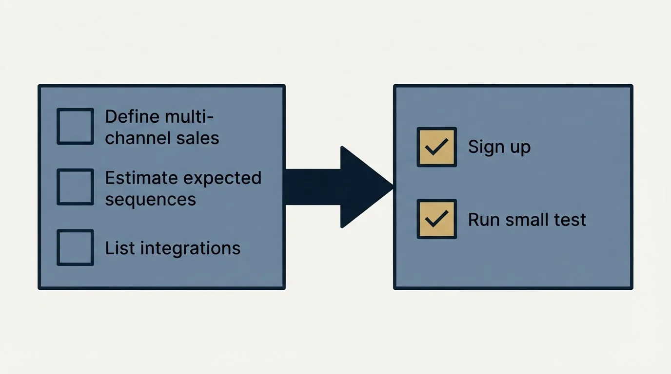 Before-and-after steps: Getting Started Checklist (Define multi-channel sales, Estimate expected sequences, List integrations, Sign up)