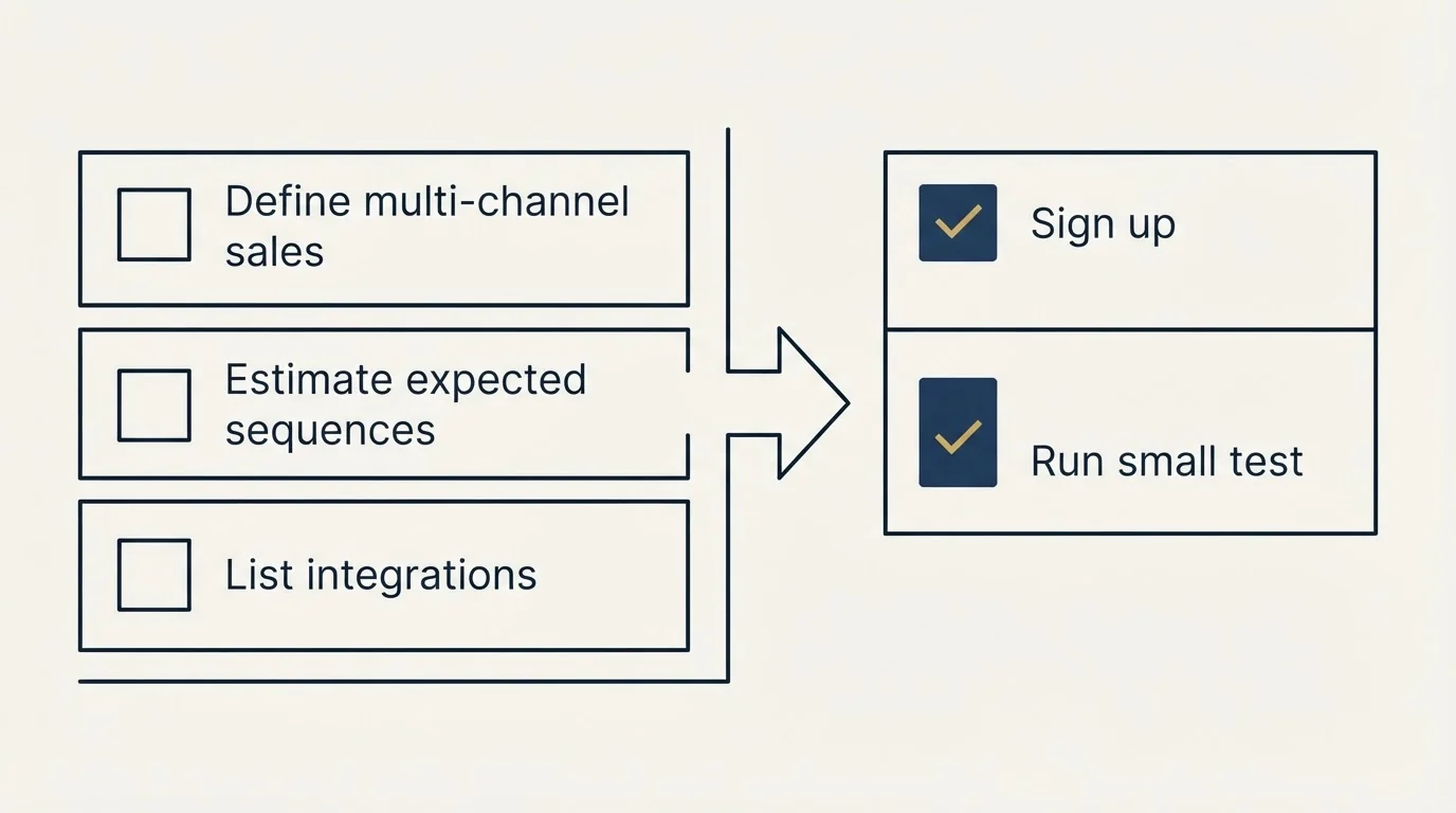 Before-and-after steps: Getting Started Checklist (Define multi-channel sales, Estimate expected sequences, List integrations, Sign up)