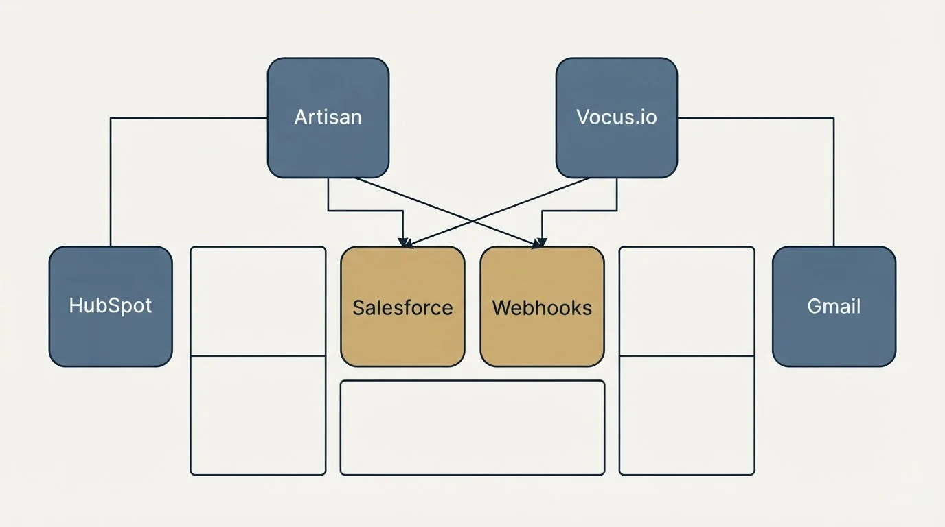 Integration grid: Integration Ecosystem (Artisan, Vocus.io, Salesforce, Webhooks)
